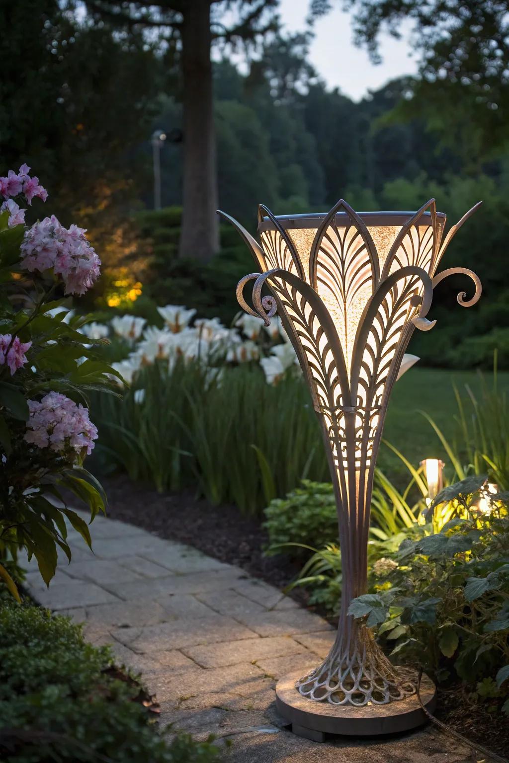 A sculptural light fixture enhancing the garden with art and illumination.