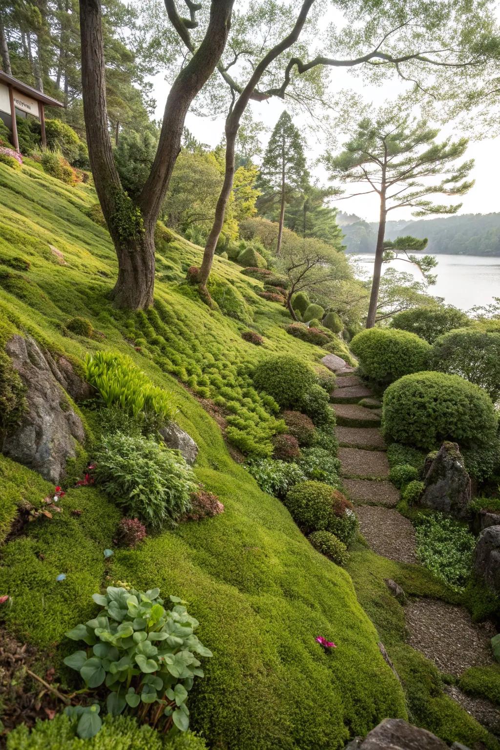 Ground covers provide a lush, low-maintenance solution for slopes.