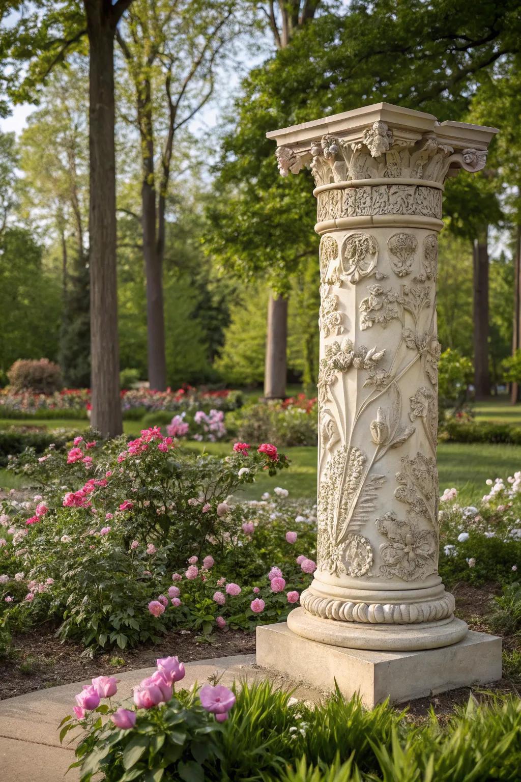 Floral column pedestals bring romantic elegance to gardens.