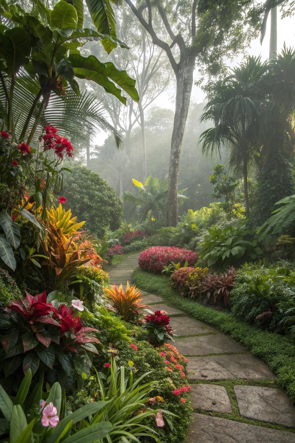 A tropical paradise with lush and exotic plants.