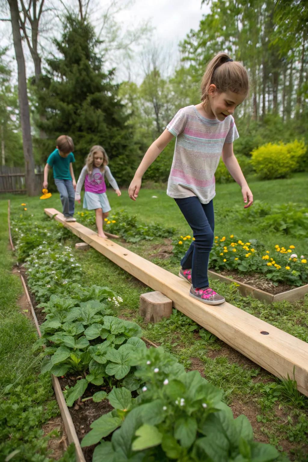A DIY balance beam crafted from wood, providing fun and exercise in a garden.