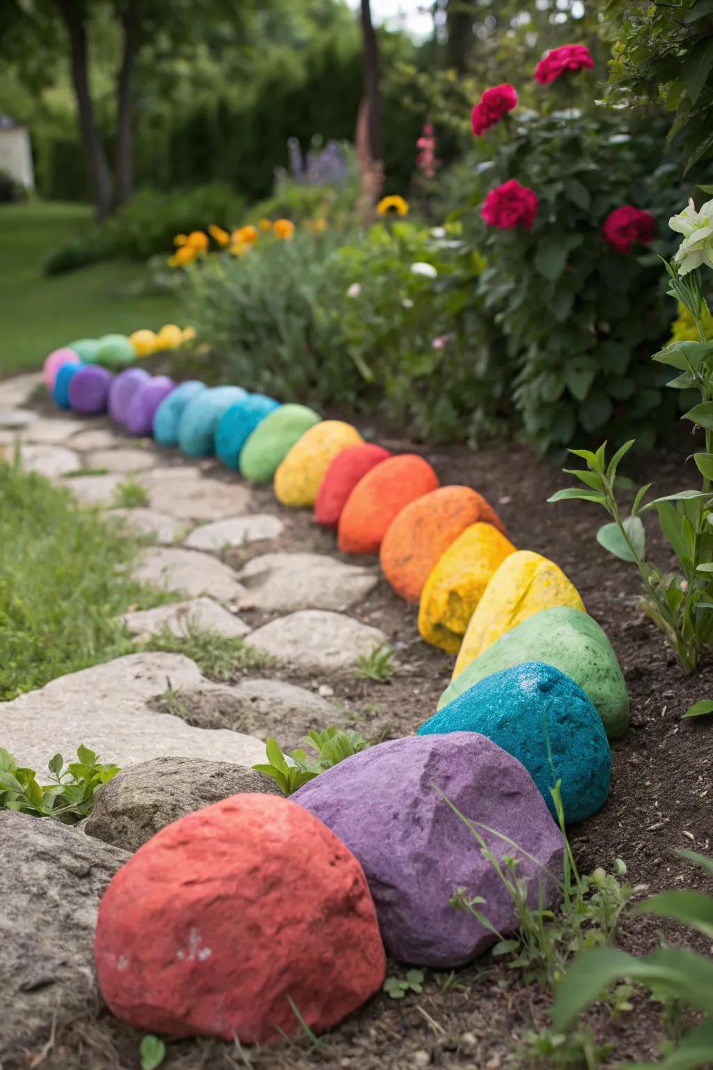 A rock rainbow adds a vibrant splash of color to gardens.