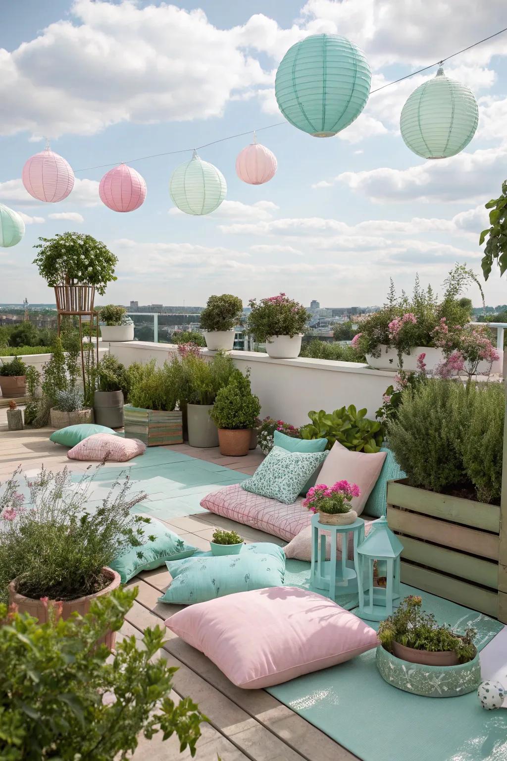 A color-themed rooftop garden exuding harmony and style.