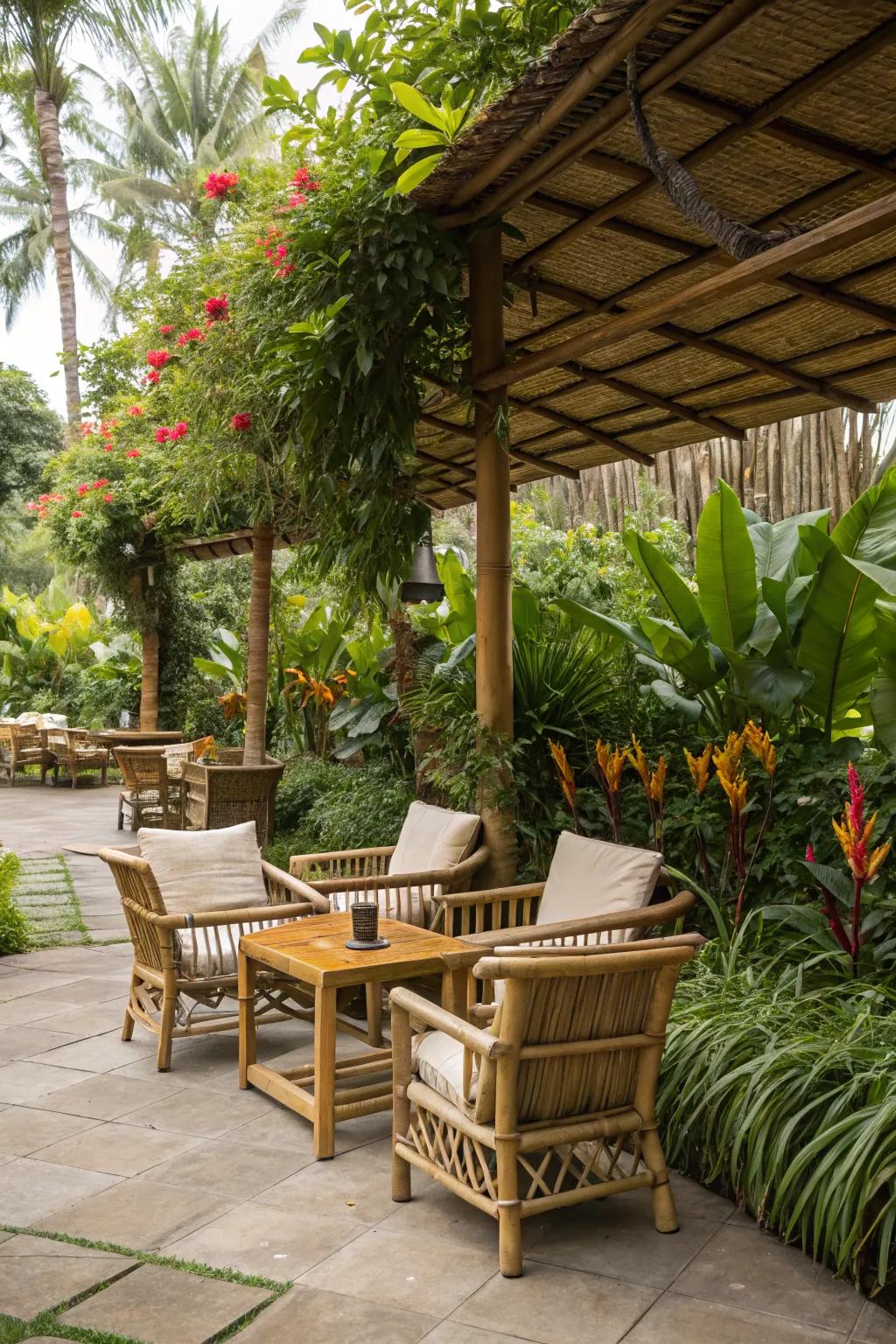 A tropical garden seating area that feels like a vacation getaway.