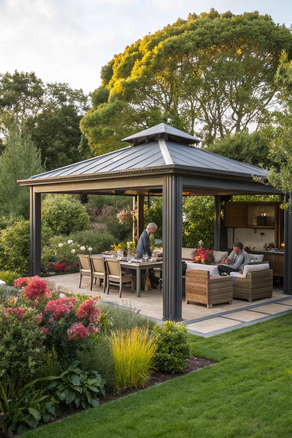 Versatile garden shelters cater to various activities and moods.