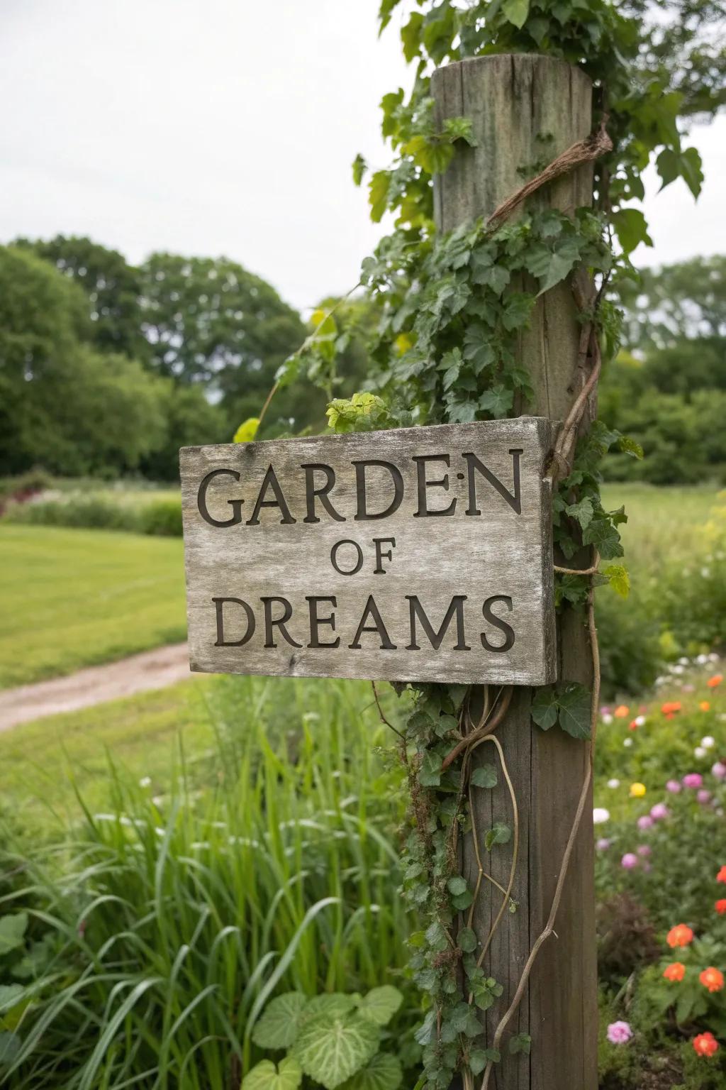 A wooden post sign adds a classic touch to the garden.