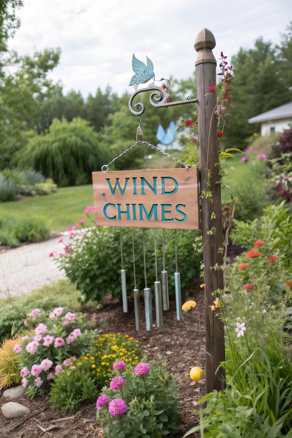 A whimsical garden sign with wind chimes, adding sound and charm.