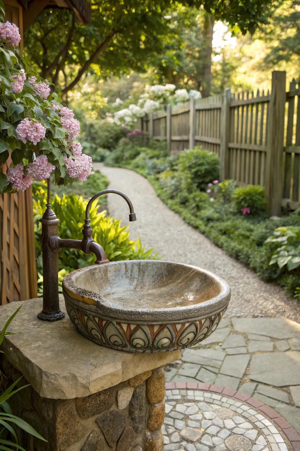 An artistic garden sink becomes a standout feature in this outdoor space.