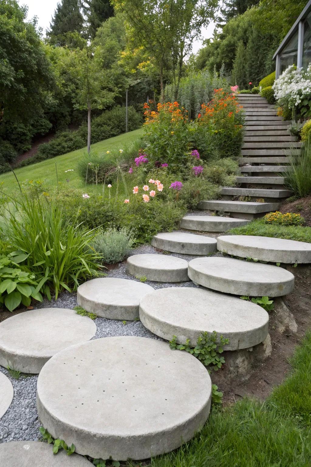 Playful round concrete slab stairs adding modern charm.