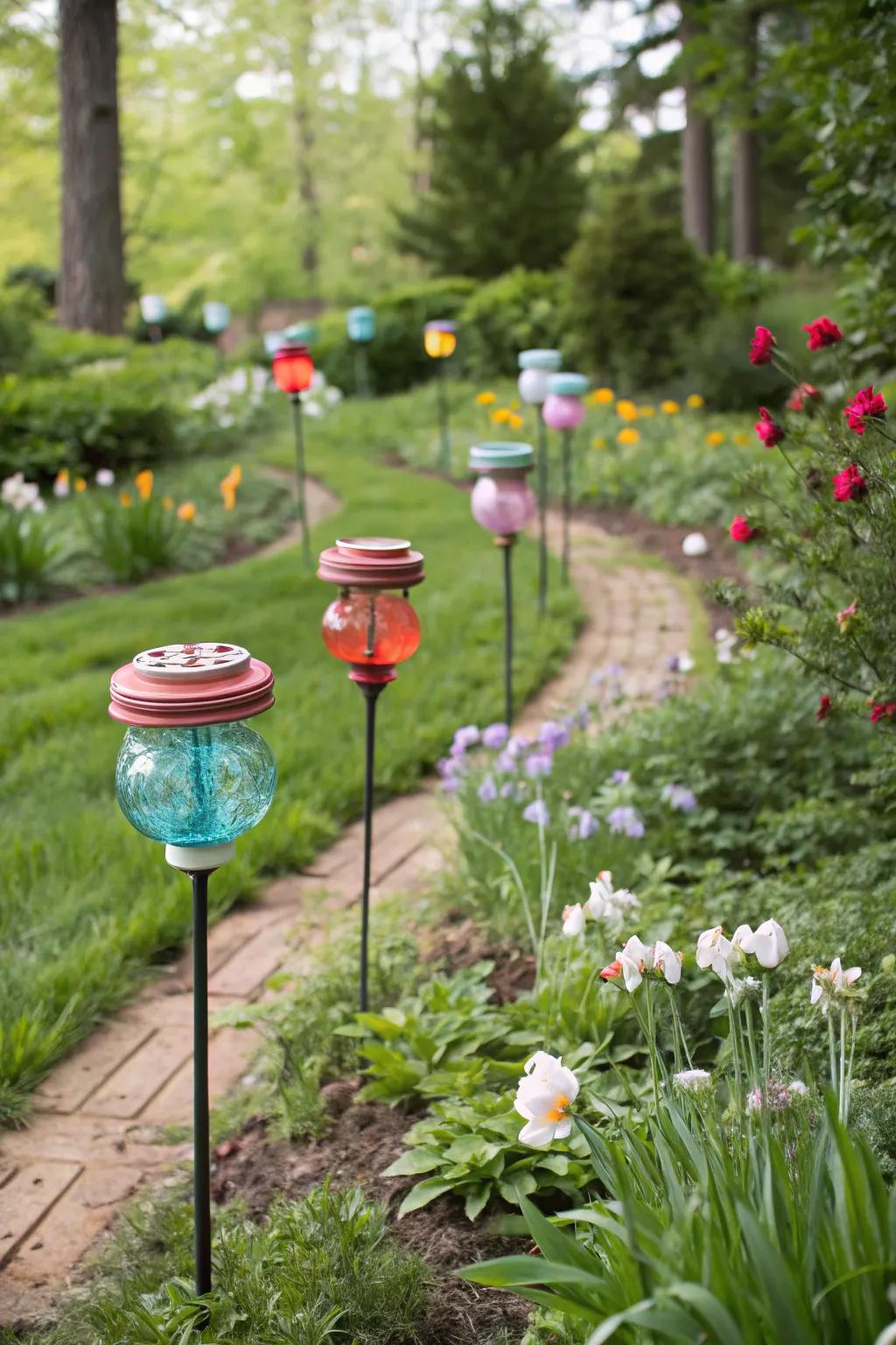 Creative upcycled mason jar lid stakes labeling plants in the garden.