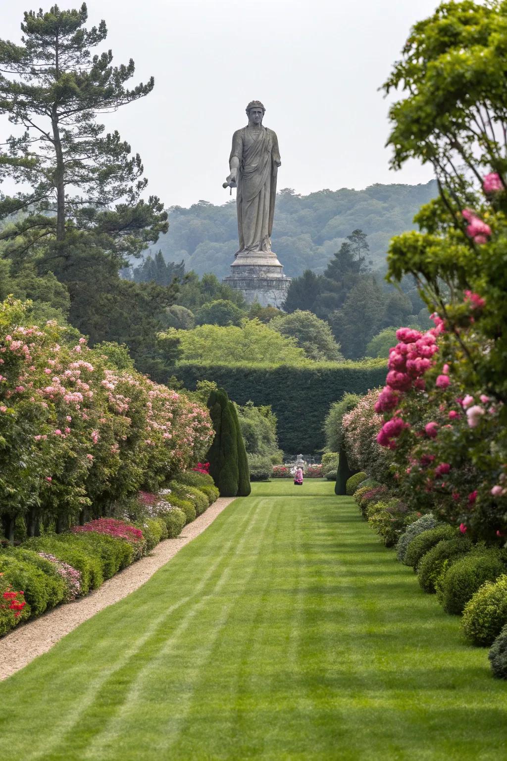 Oversized statues make a bold statement in expansive gardens.