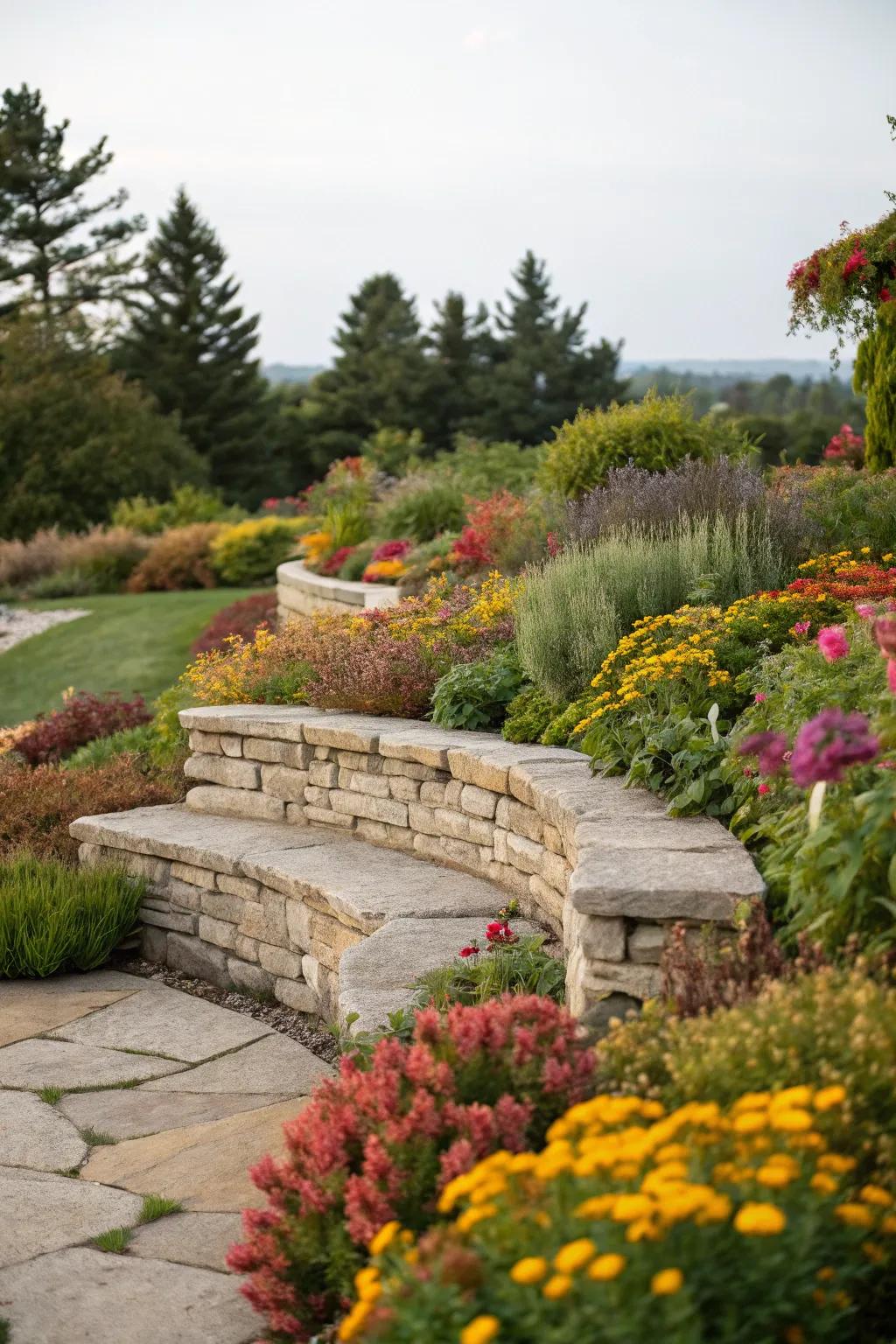 Stone seating walls offer practical and aesthetic benefits.