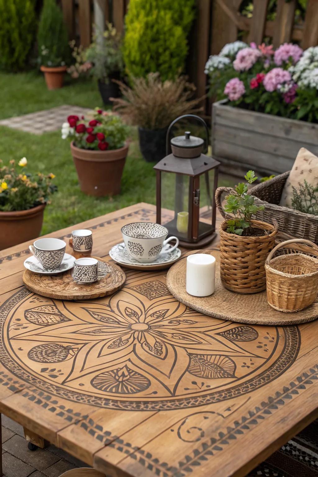 A uniquely personalized wood-burned tabletop for rustic charm.