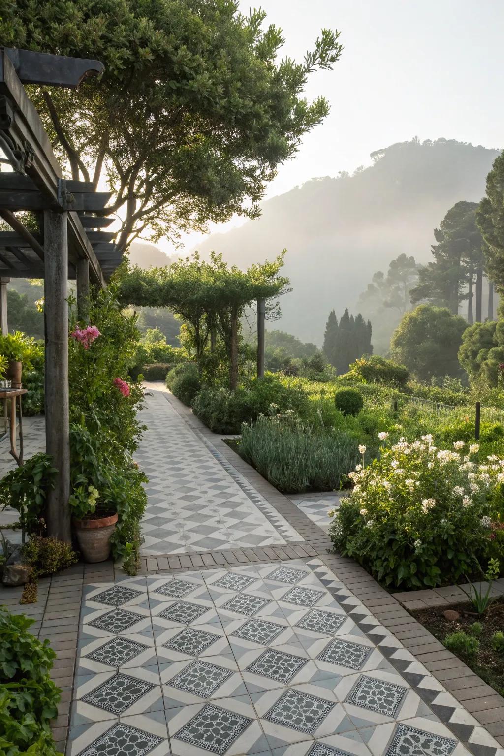 Monochromatic tiles provide a serene, cohesive garden atmosphere.