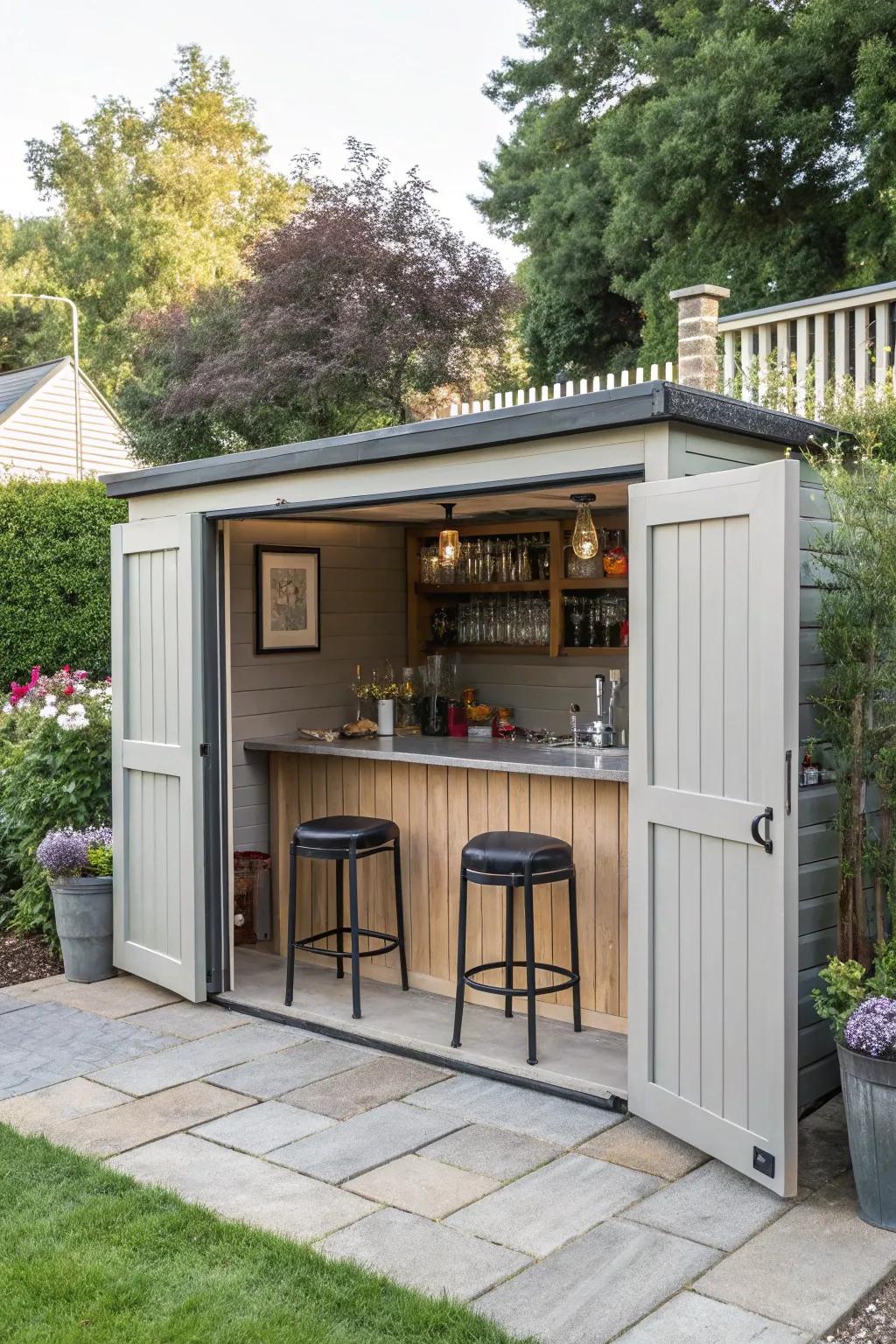 A convertible garden shed that doubles as a bar.