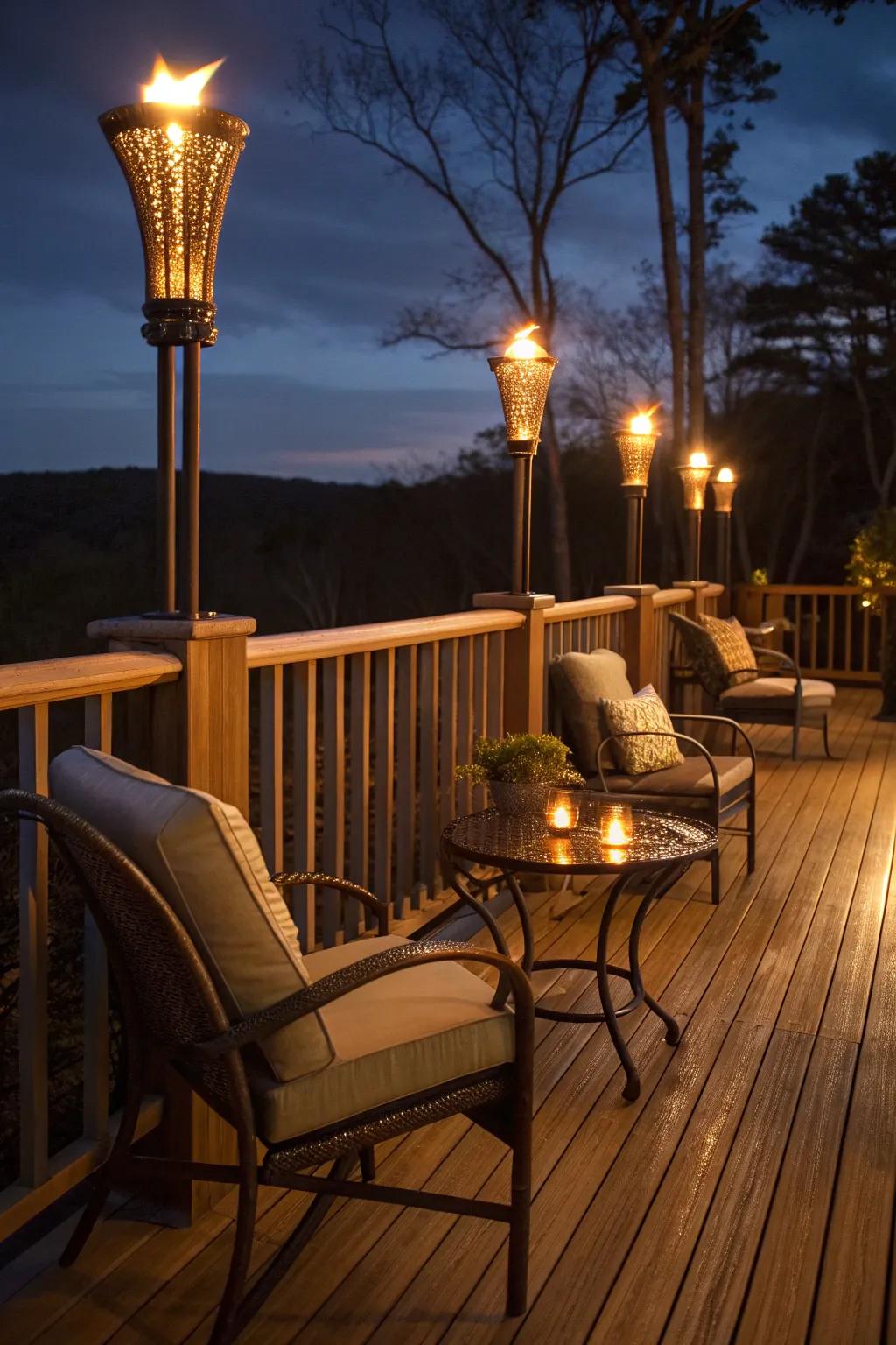 Deck railing torches create a welcoming nighttime retreat.
