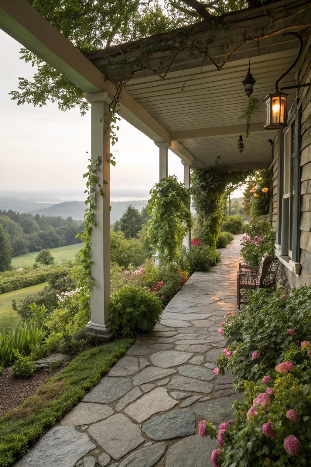 Stone pathways create a charming connection between a veranda and garden.