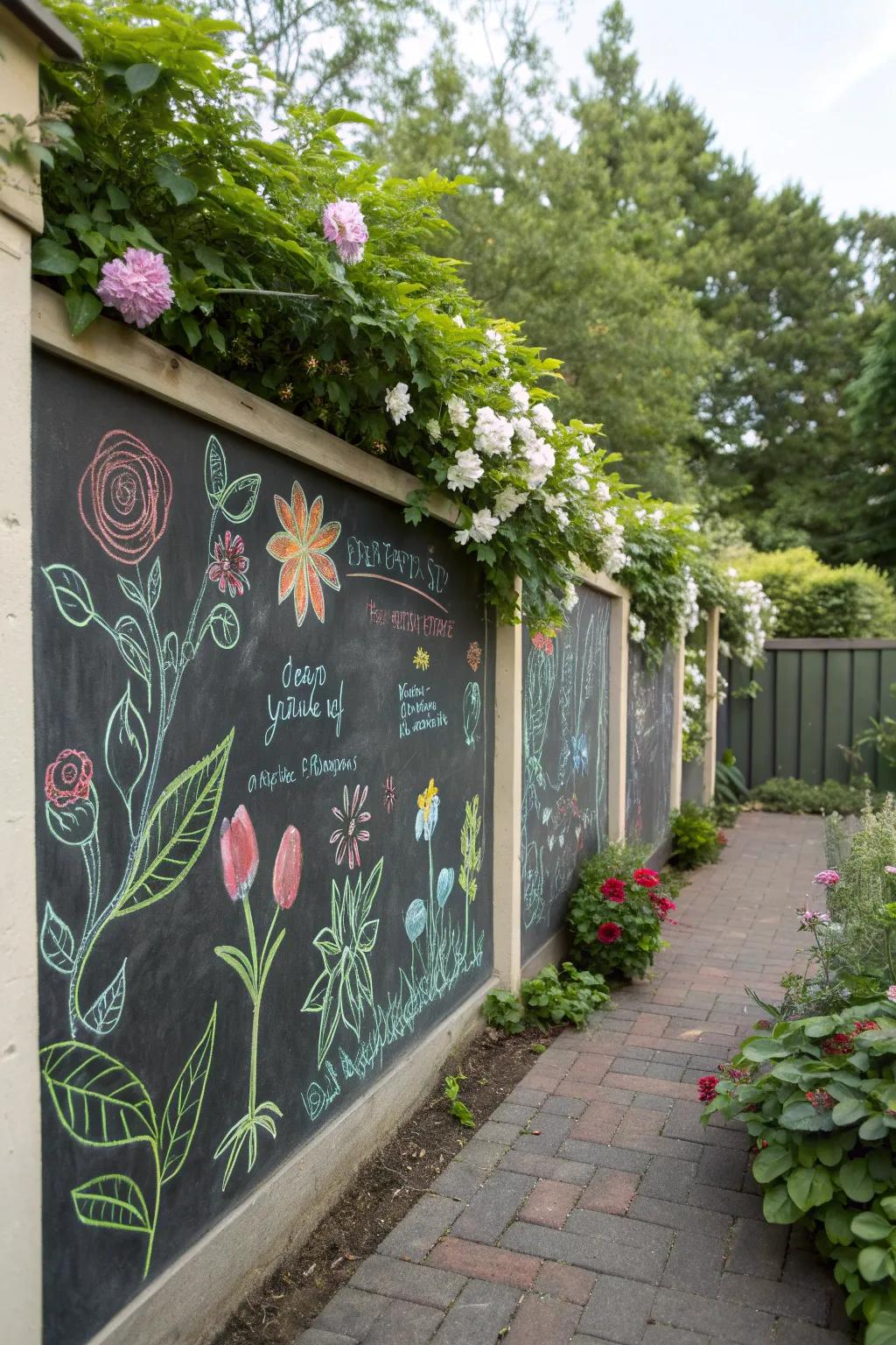 Engage creativity with a garden chalkboard wall.