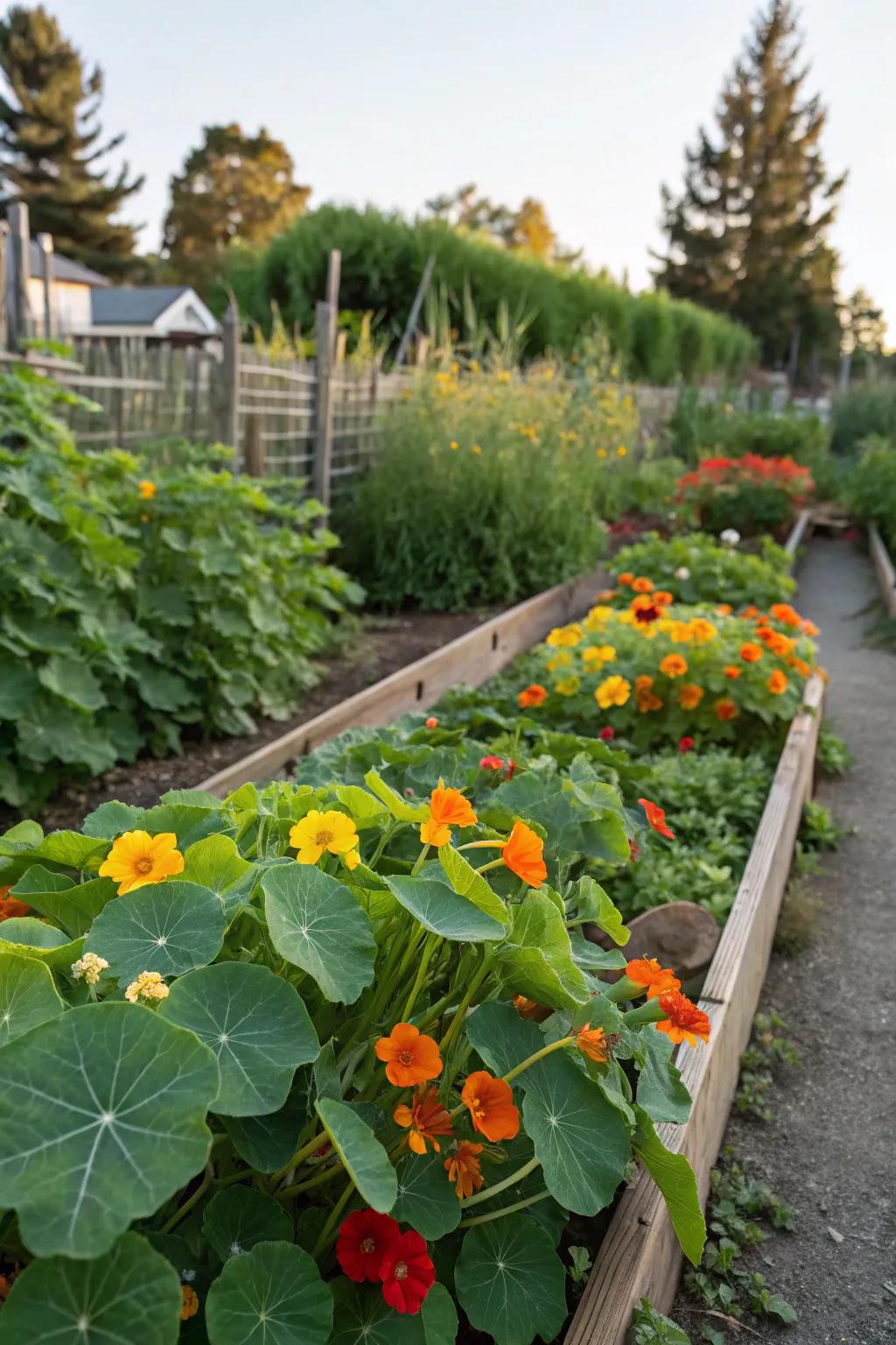 Nasturtiums deterring pests while adding color to the garden.