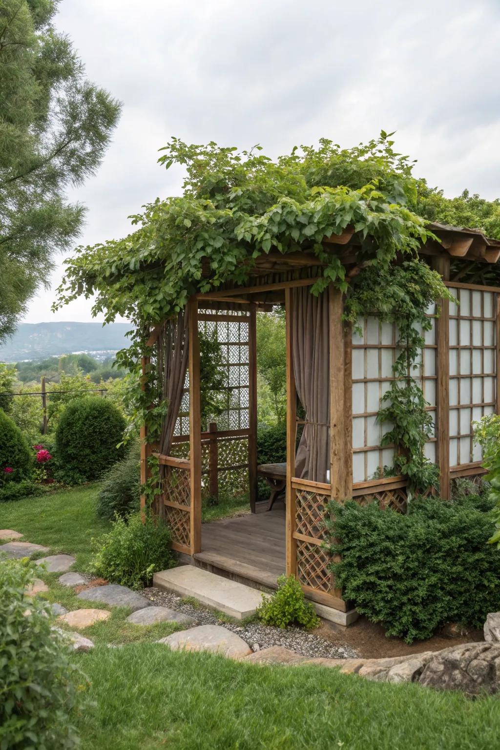 A privacy screen arbor offers seclusion and tranquility in garden spaces.