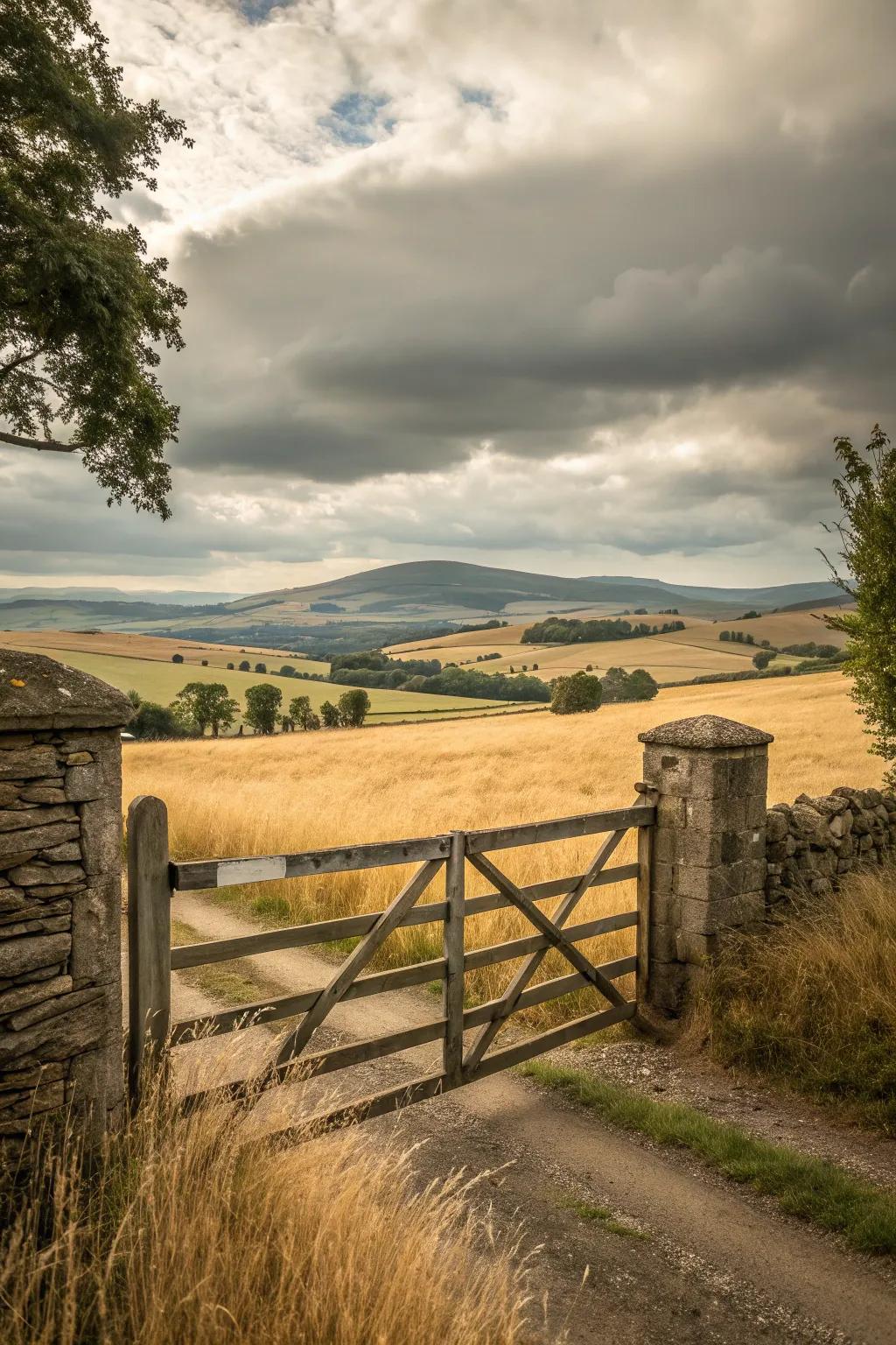 A farmhouse-style gate that invites with rustic charm.