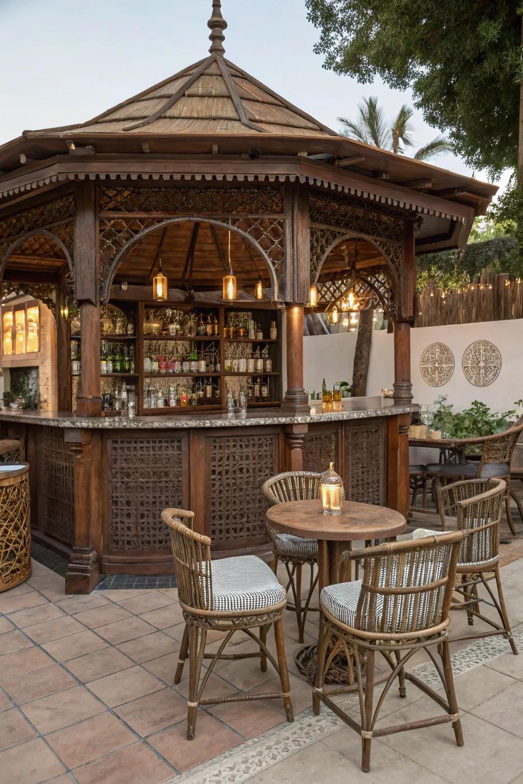 A gazebo bar that highlights artisan craftsmanship for a unique aesthetic.