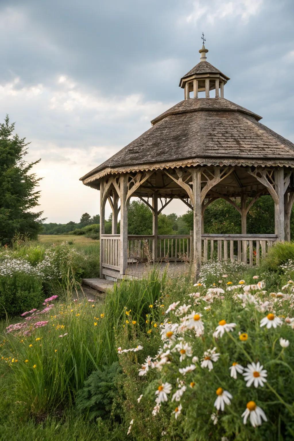 A gazebo with a cozy, rustic thatched roof.