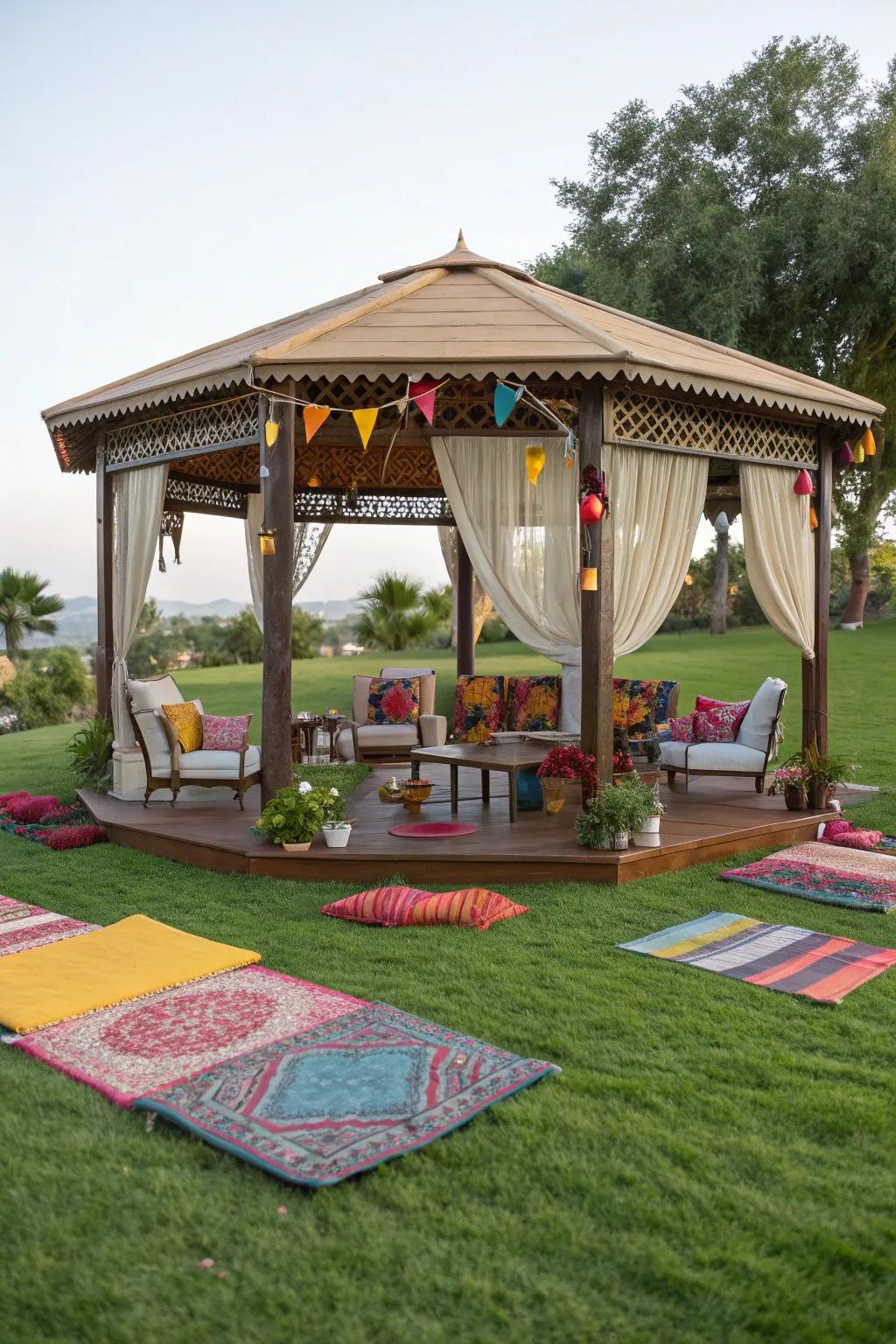 Colorful rugs add warmth and vibrancy to this cozy gazebo setup.