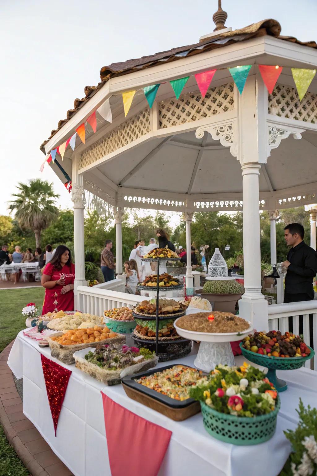 A gourmet food station offering delicious delights within a gazebo.