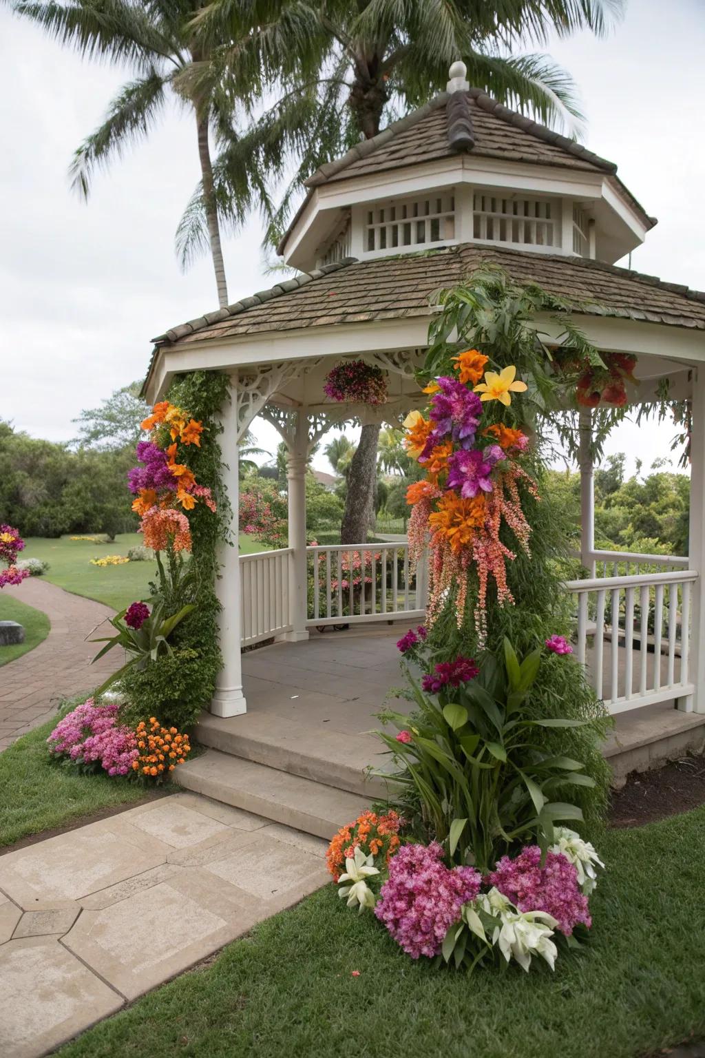 Tropical flowers add vibrant, exotic flair.