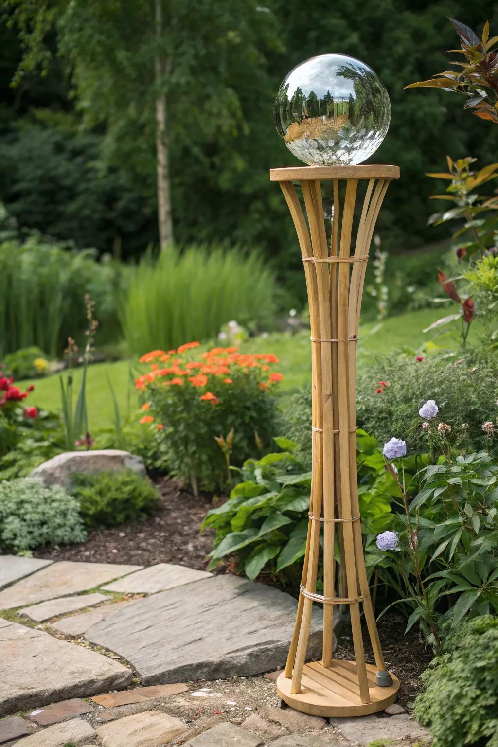 A bamboo stand offers a natural and sustainable garden decor option.