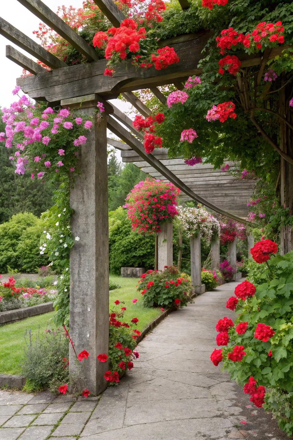 A romantic pergola with climbing geraniums creating a lush canopy.