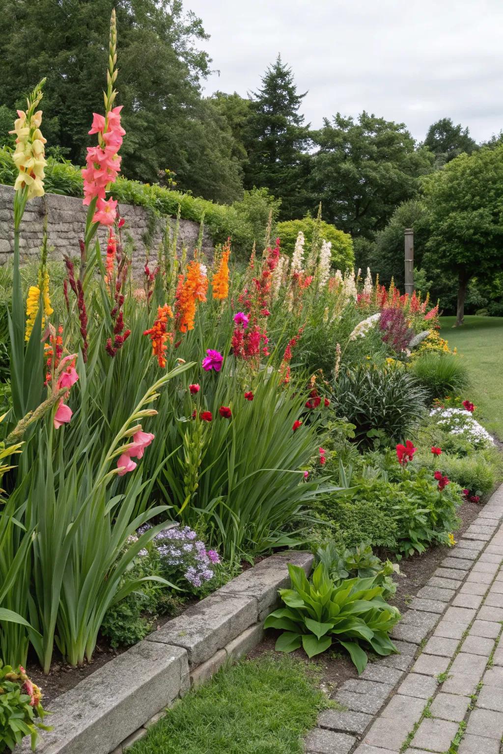 Layered garden design with gladiolus for added depth.