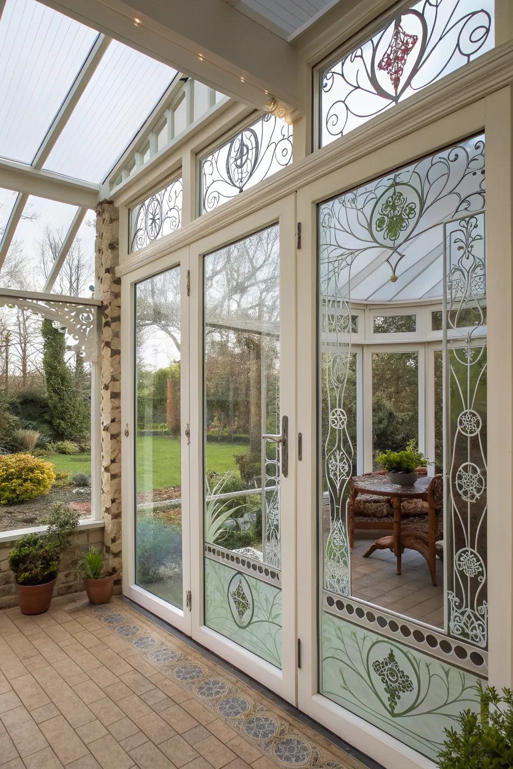 Artistic glass designs add a creative touch to the porch.