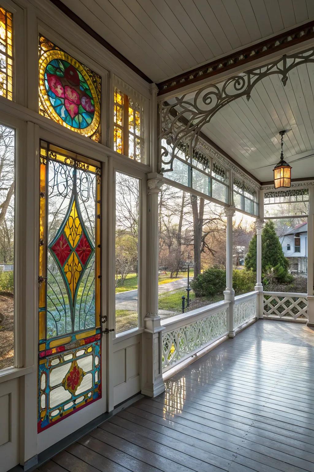 An artistic glass porch featuring beautiful stained glass inserts.