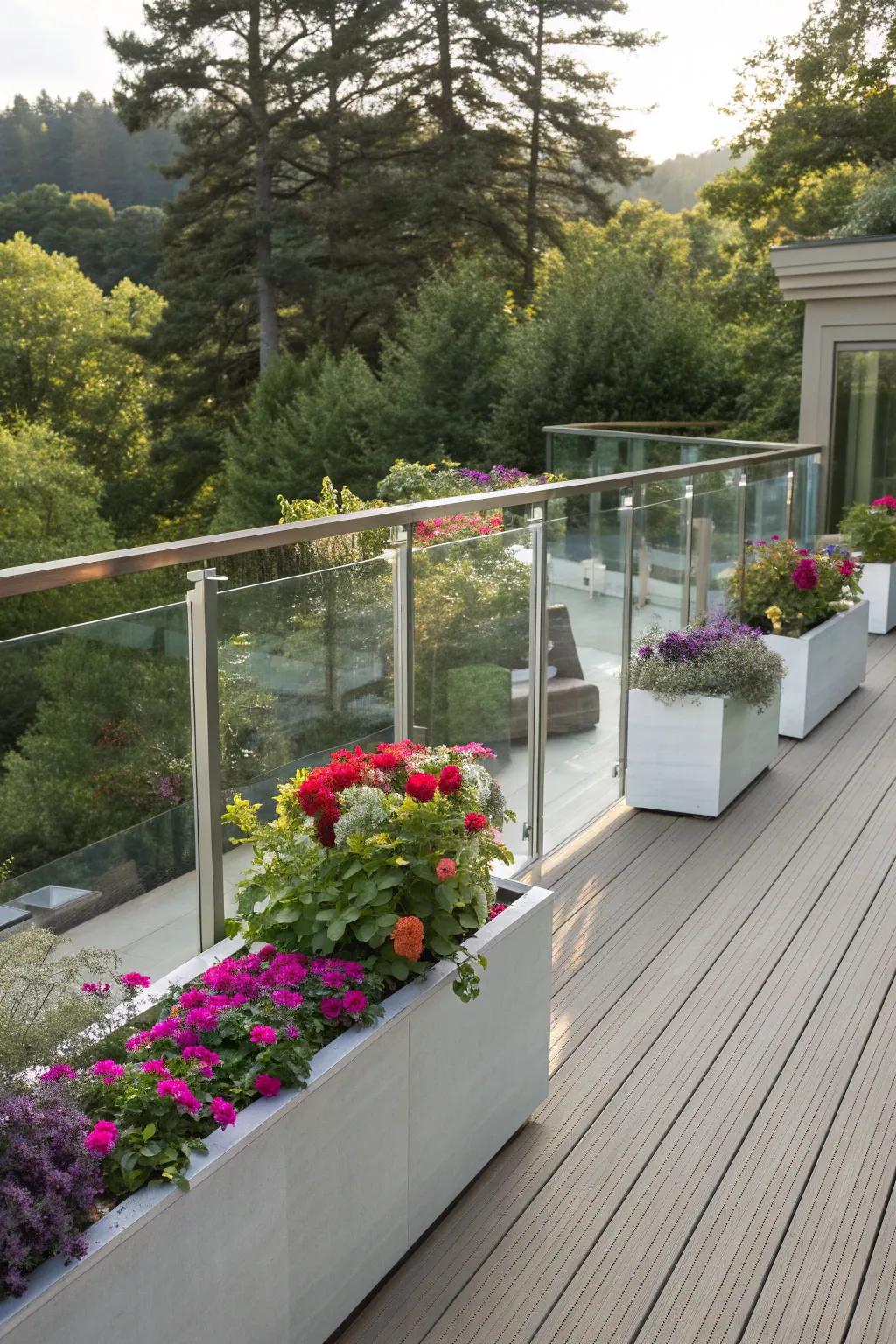 Glass railings with built-in planters adding greenery to a lively deck.