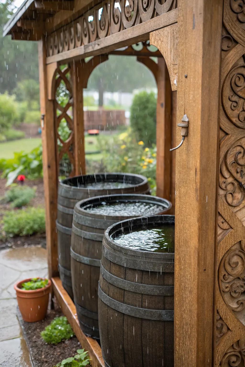 Rain barrels elegantly enclosed in a wooden structure