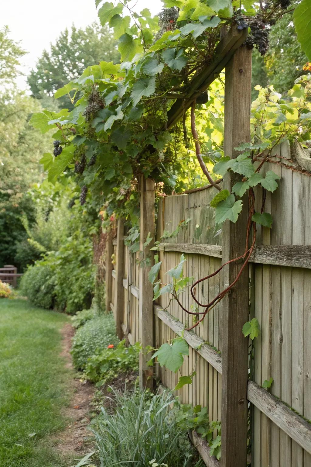 Grapevines transform fences into living, breathing walls.