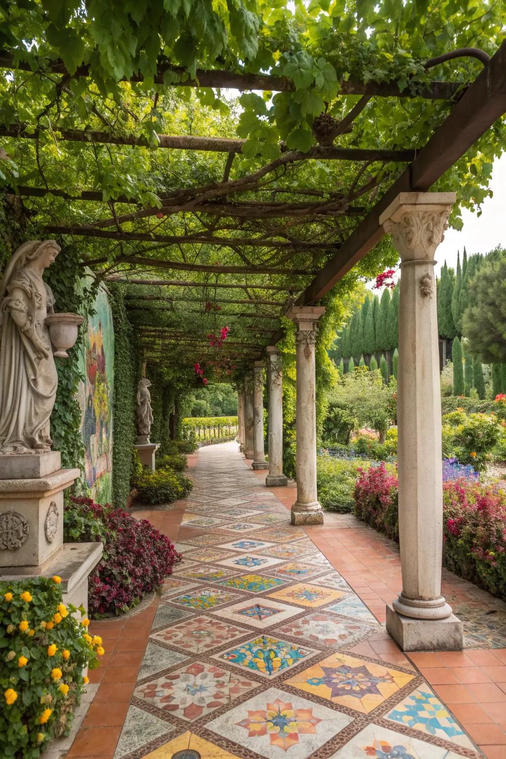 A pergola with artistic elements, creating a unique outdoor art piece.