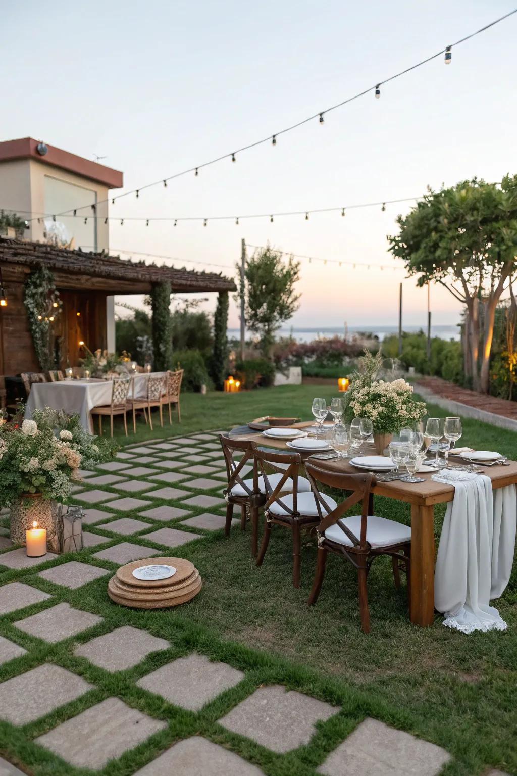 Enjoy meals al fresco with a dining area enhanced by grass and pavers.