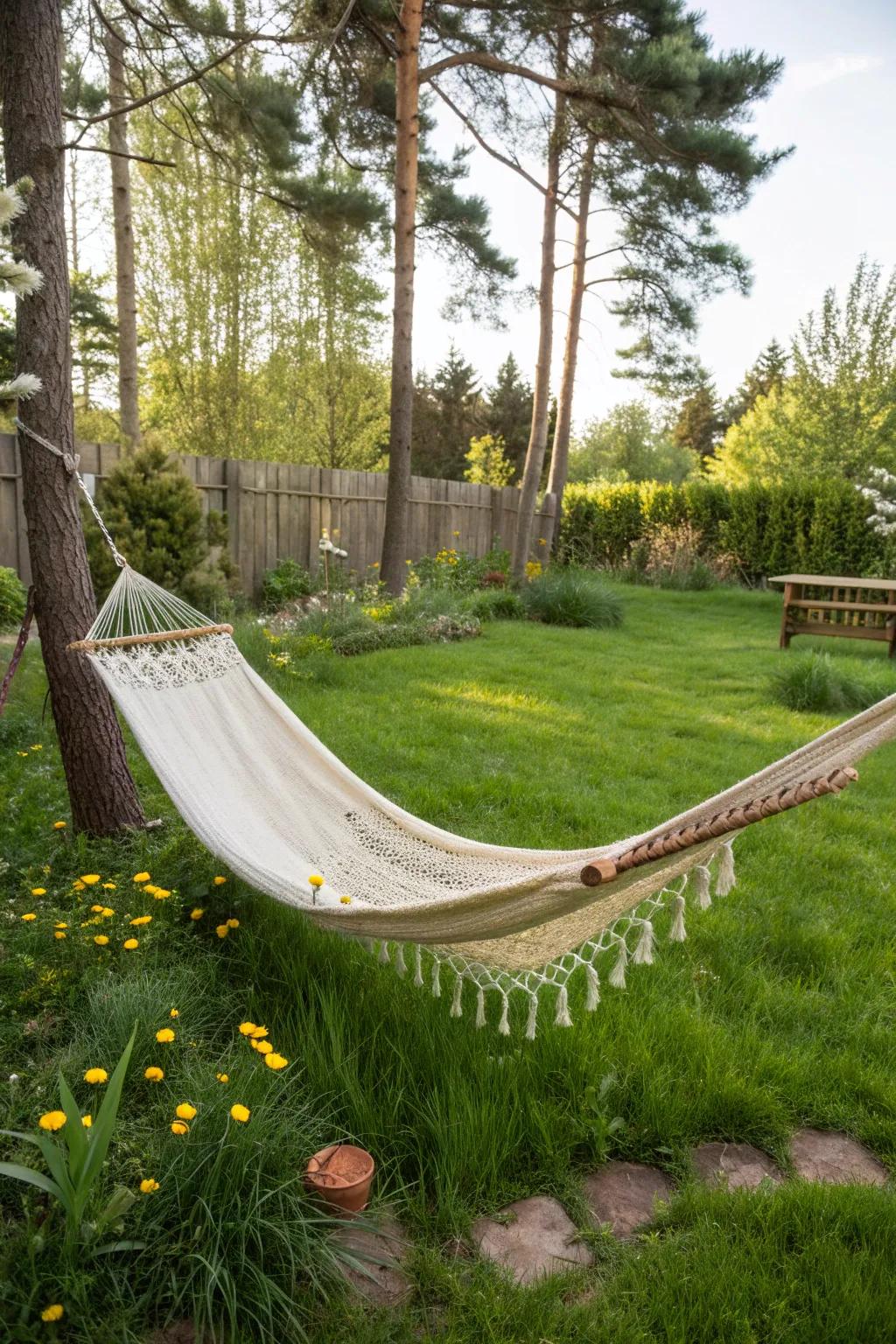A hammock offers the ultimate relaxation on a grass patio.