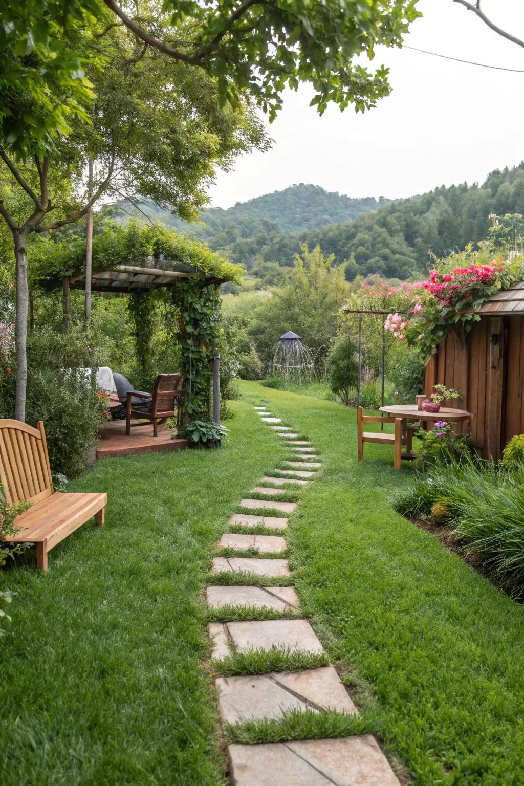 An inviting grass walkway guiding you to a backyard oasis.