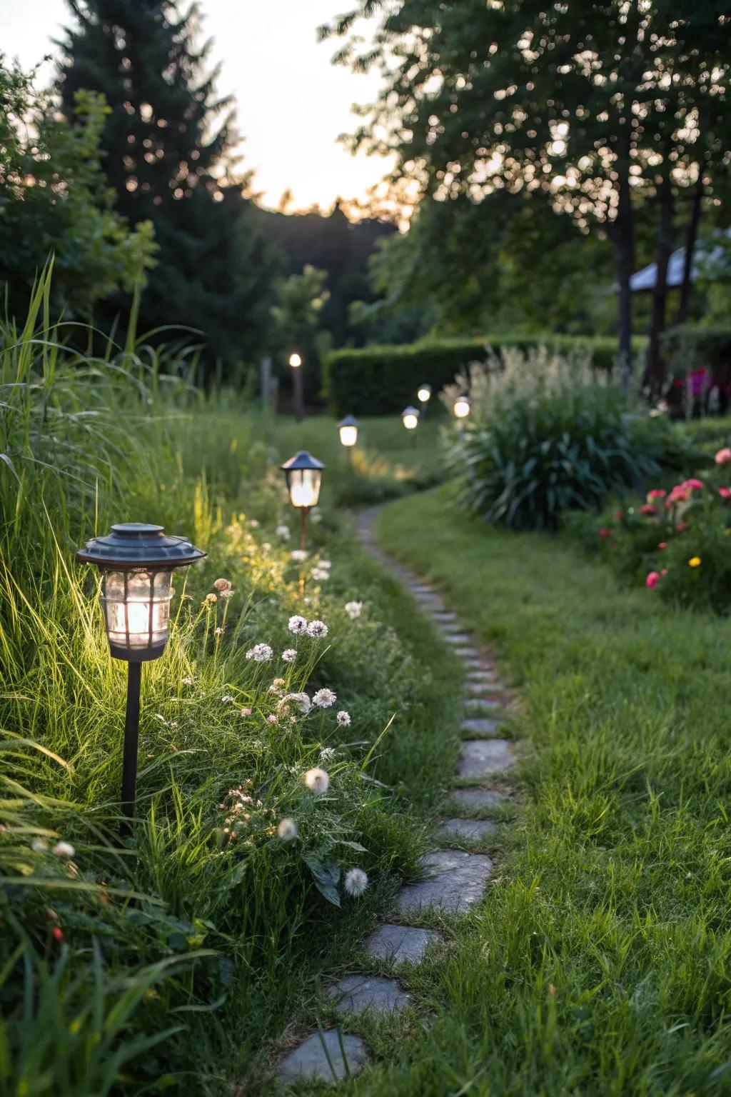 A grassy path beautifully lit with solar lights.