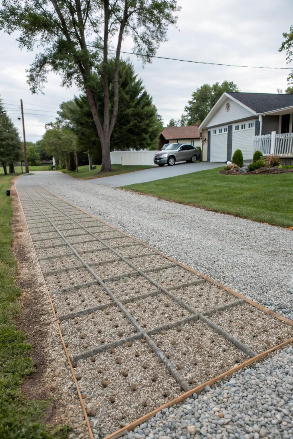 A permeable grid system stabilizing a gravel driveway.
