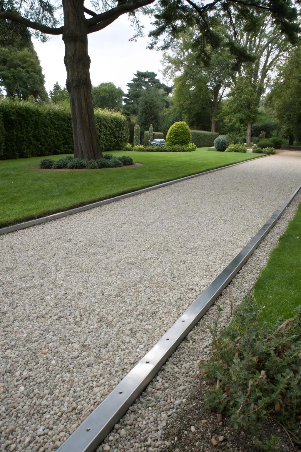 A gravel driveway with modern metal edging.