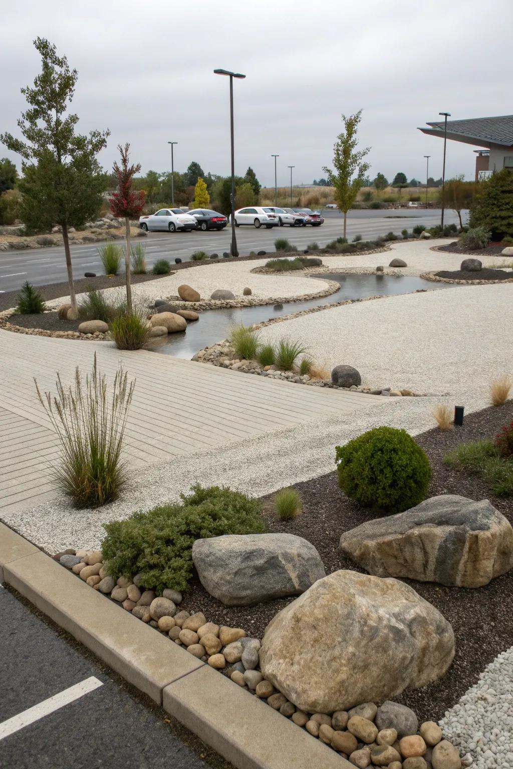 Zen-inspired designs bring tranquility to gravel parking lots.