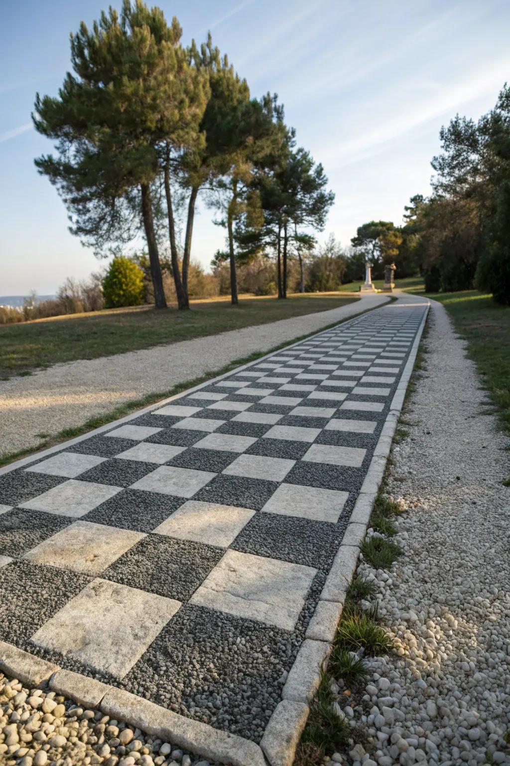 A patterned gravel path that adds a modern artistic flair.