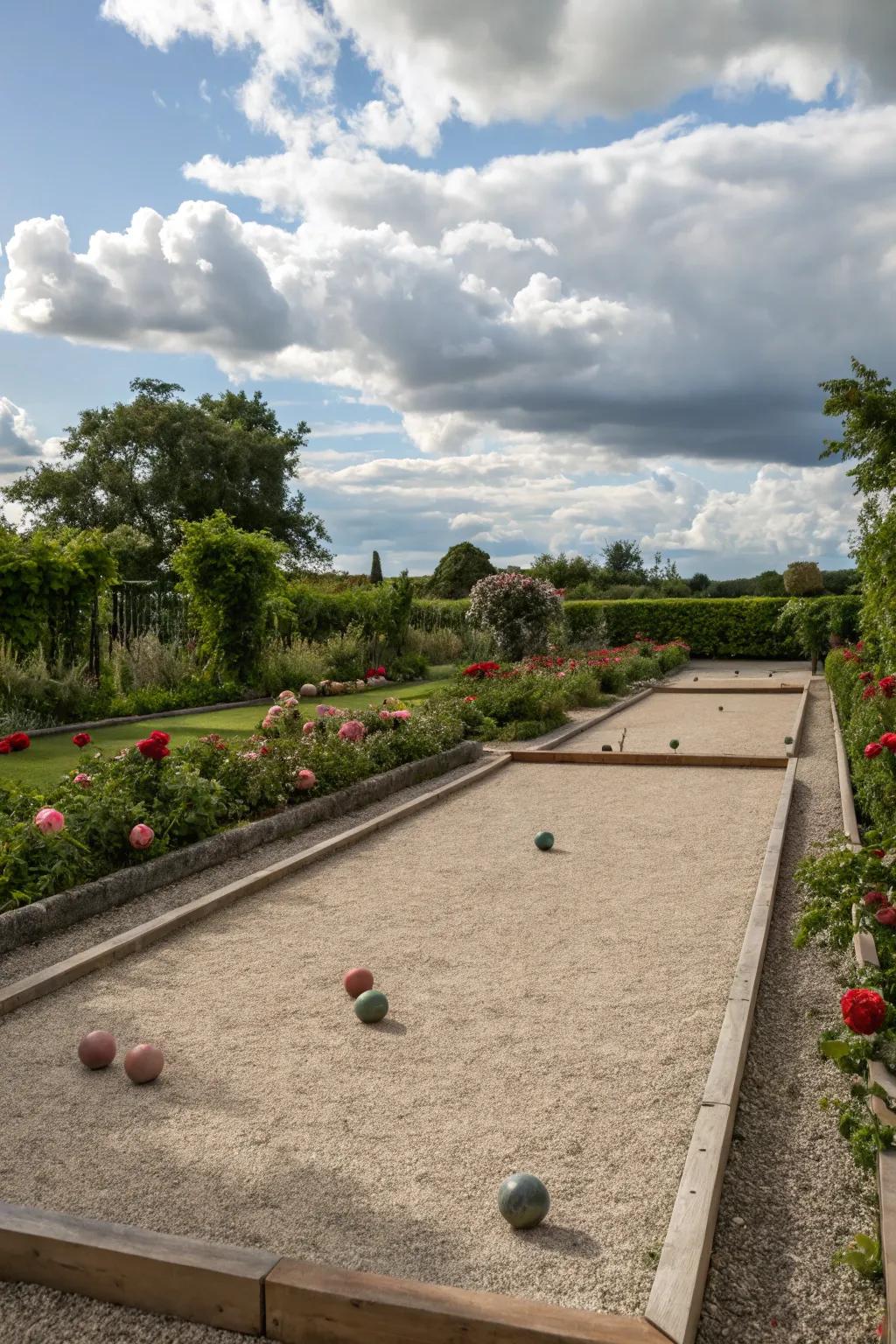 Fun and inviting bocce ball court on gravel.