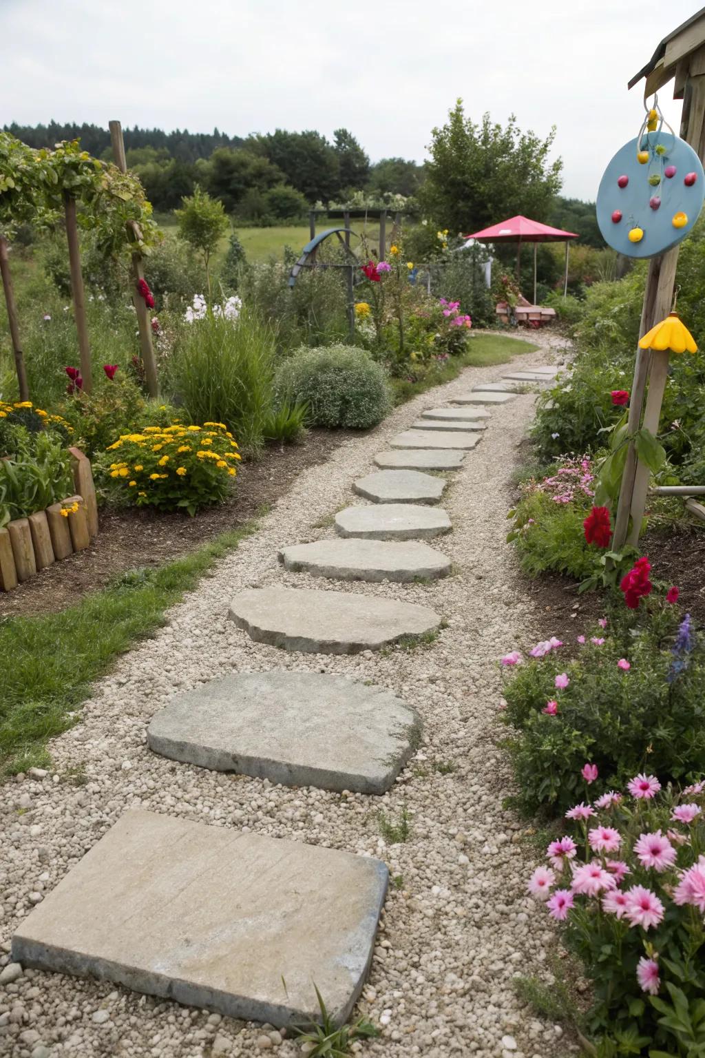 A playful gravel path with interactive stepping stones