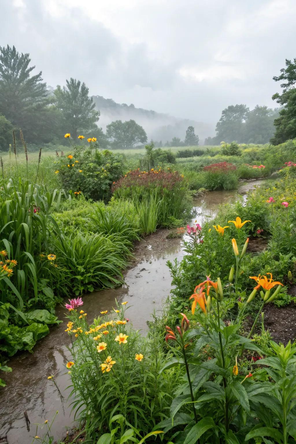 Rain gardens manage water naturally while adding beauty